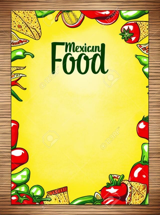 スパイシーな料理と伝統的なメキシコ料理レストラン メニュー テンプレートです。ブリトー、タコス、唐辛子、トマト、ナチョス、テキーラ、ライム。ベクトル ヴィンテージの刻まれたイラスト分離された黄色の背景。