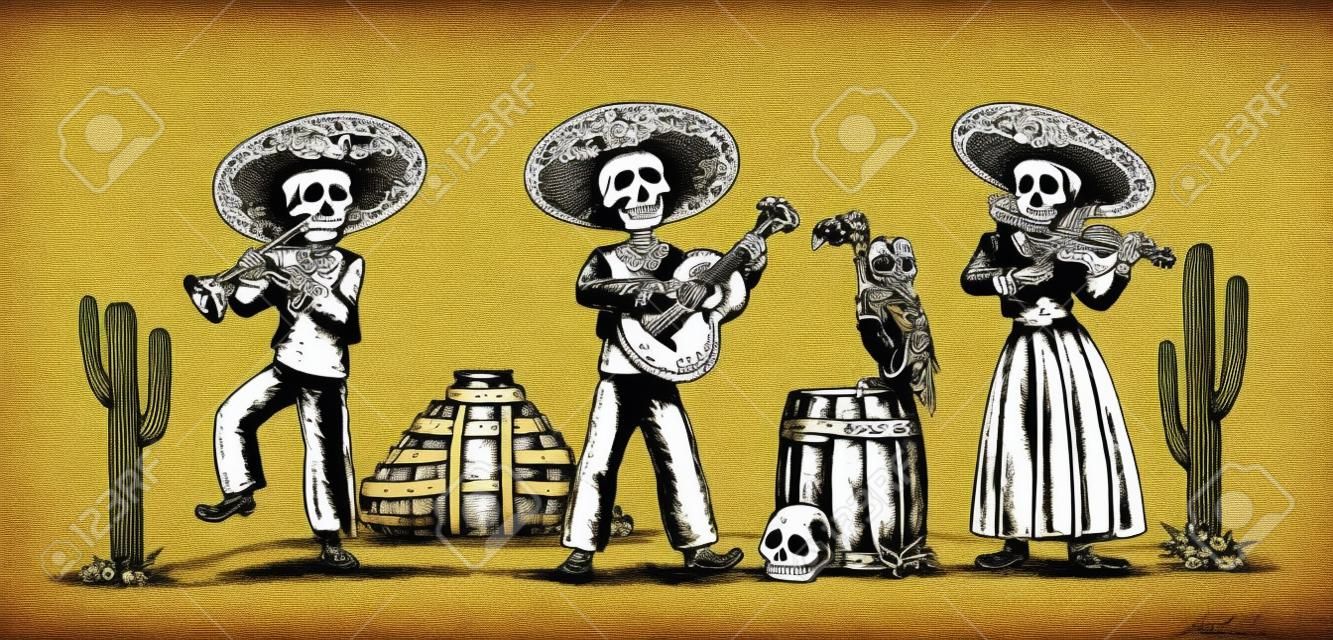 Dia dos Mortos, Dia de los Muertos. O esqueleto nos trajes nacionais mexicanos dança, canta e toca guitarra, violino, trompete. Griffin no barril com crânio, gravura cactus.vintage
