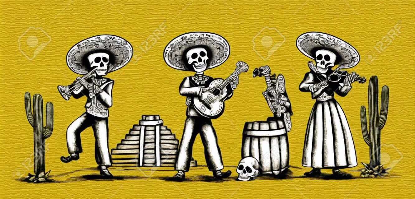Dia dos Mortos, Dia de los Muertos. O esqueleto nos trajes nacionais mexicanos dança, canta e toca guitarra, violino, trompete. Griffin no barril com crânio, gravura cactus.vintage