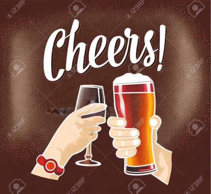 Vrouwelijke en mannelijke handen houden en klinken twee glazen met bier en wijn. Proost toast letters. Vintage vector kleur gravure illustratie voor uitnodiging om te feesten. Geïsoleerd op witte achtergrond