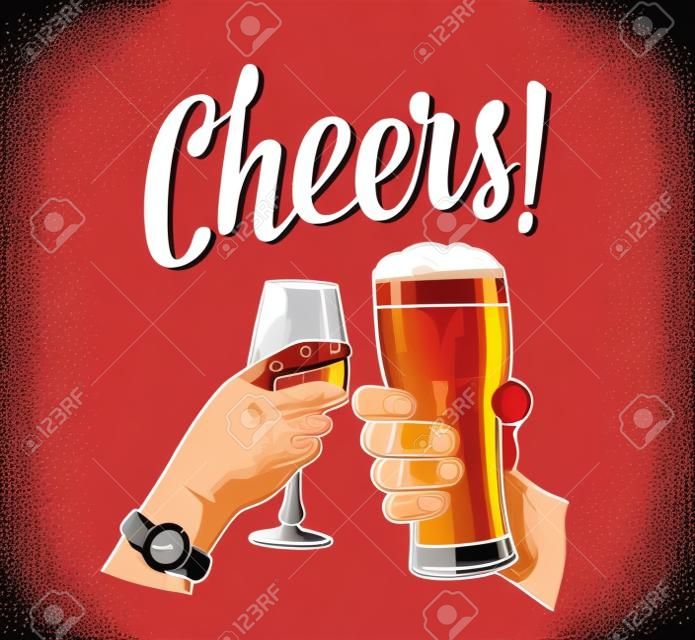 Mani femminili e maschili che tengono e tintinnano due bicchieri con birra e vino. Stampe di toast. Illustrazione di incisione a colori di vettore vintage per invito a festa. Isolato su sfondo bianco