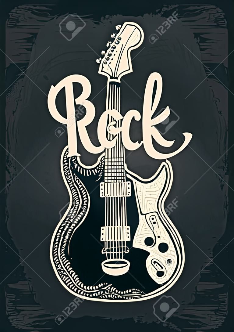 Elektrische Gitarre. Rock-and-Roll-Schriftzug. Weinlesevektor-Stichillustration für Plakat, Netz. Isoliert auf dunklem Hintergrund.