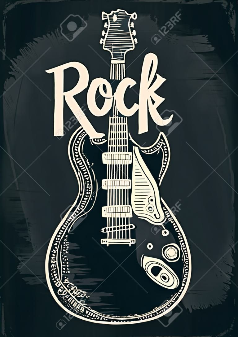 Elektrische Gitarre. Rock-and-Roll-Schriftzug. Weinlesevektor-Stichillustration für Plakat, Netz. Isoliert auf dunklem Hintergrund.