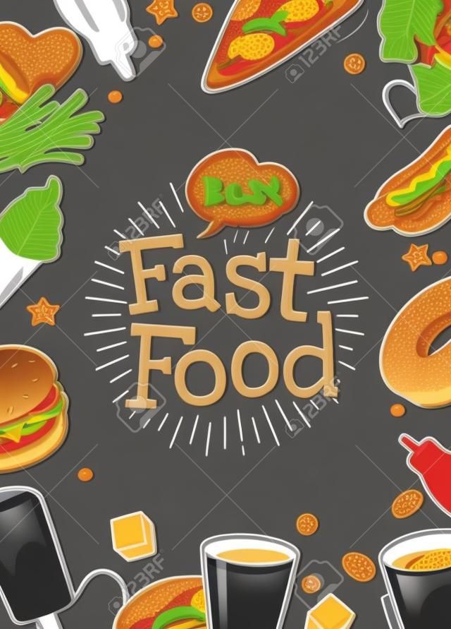 Poster fast food. Vector color flat illustration on dark background