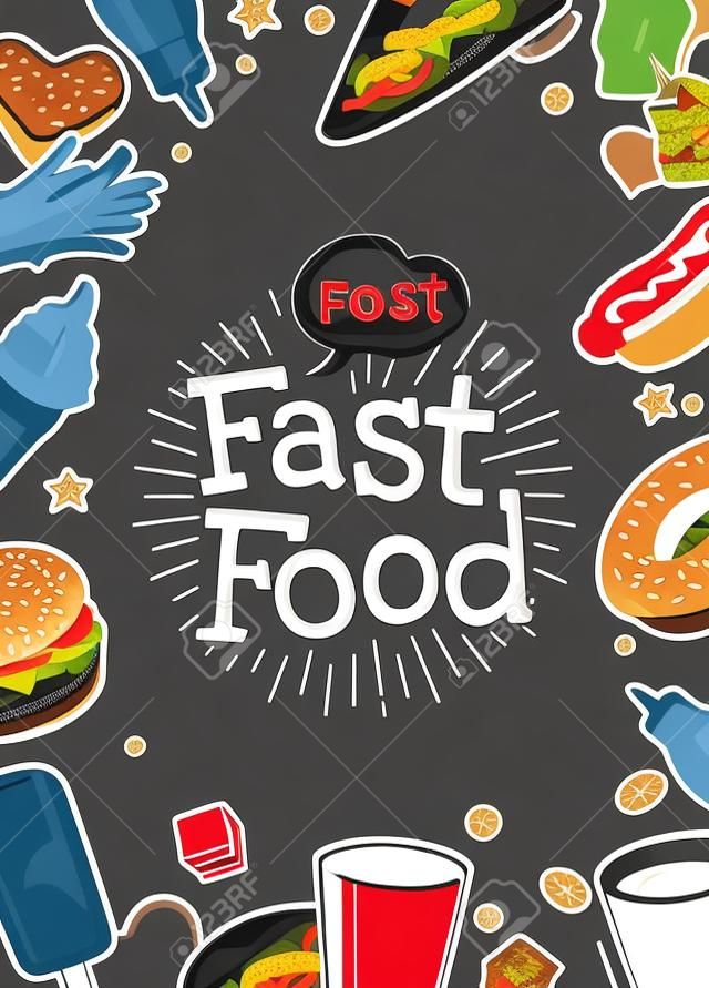 Poster fast food. Vector color flat illustration on dark background