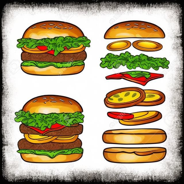 hamburguesa con ingredientes voladores en el fondo blanco. grabado de la vendimia del vector negro