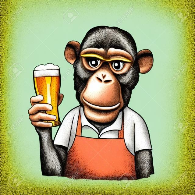 Работник быстрого питания обезьян, одетый в фартук, держа стакан пива. Винтажные цветные гравюры иллюстрации. Изолированные на белом фоне. Ручной обращается элемент дизайна для плаката и футболки