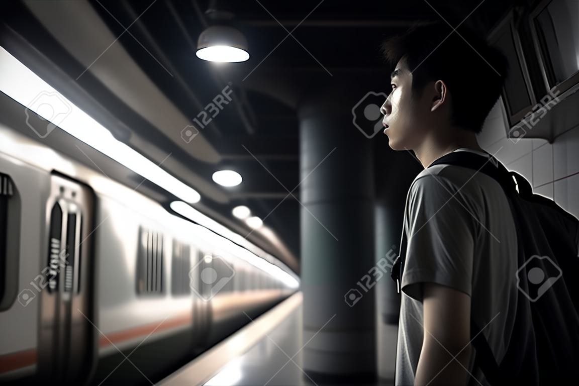 Young Asian man standing in subway station, looking at the train.