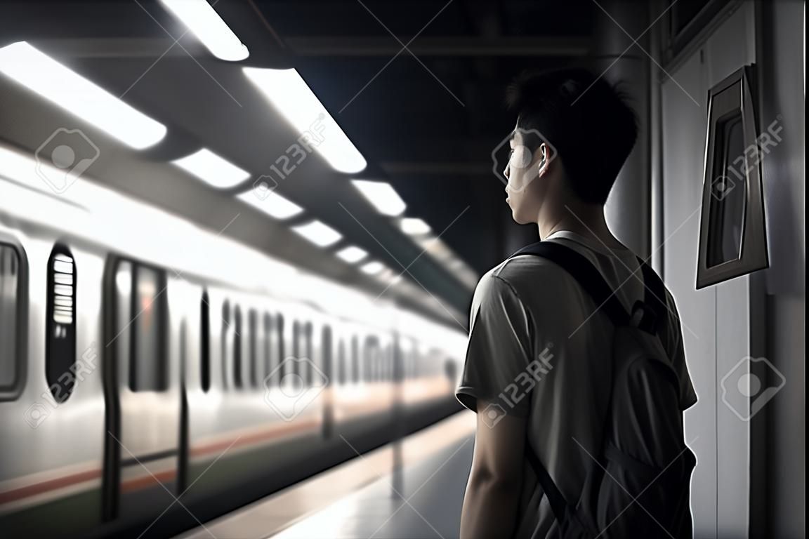 Young Asian man standing in subway station, looking at the train.