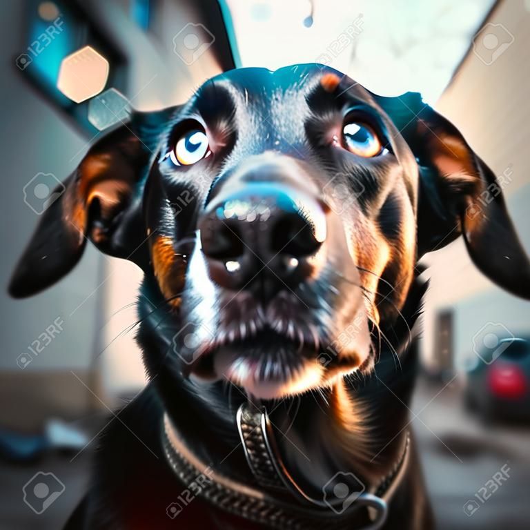 Portrait of a black dog on the street. Dog looking at the camera.