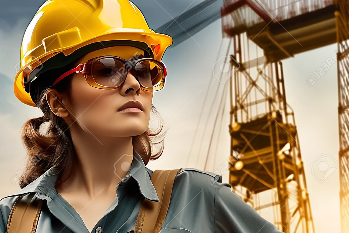 Retrato de uma trabalhadora da construção civil com um capacete amarelo e óculos no fundo de um canteiro de obras
