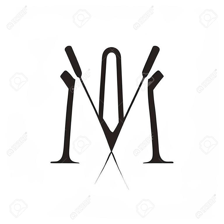 Letter M Tailor Logo, Needle and Thread Combination for Embroider, Textile, Fashion, Cloth, Fabric Template