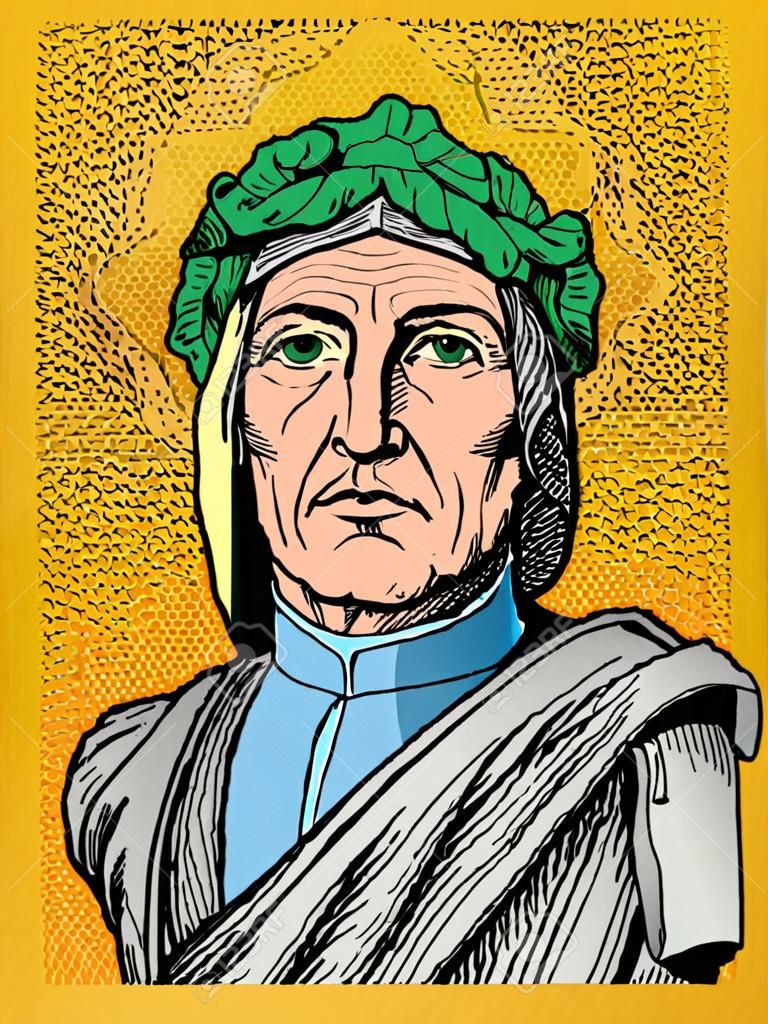 Durante Degli Alighieri, was an Italian poet during the Late Middle Ages. Line art portrait. Vector