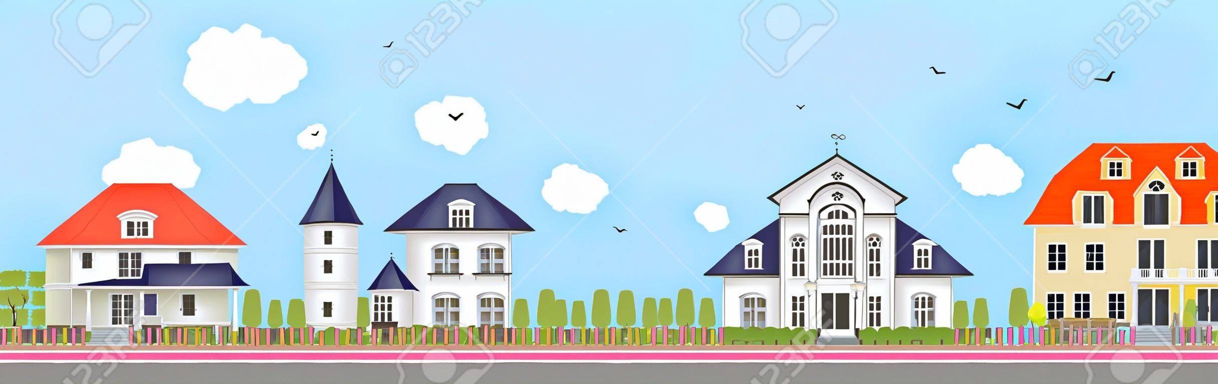 Row of different colorful family houses. House home exterior.