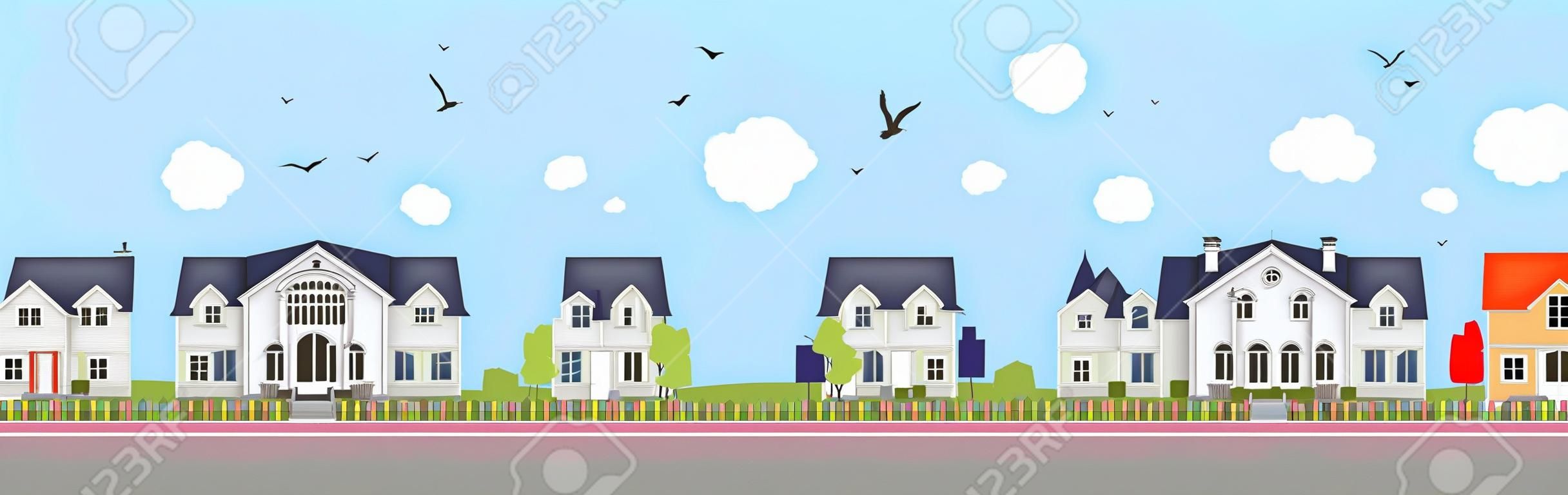 Row of different colorful family houses. House home exterior.