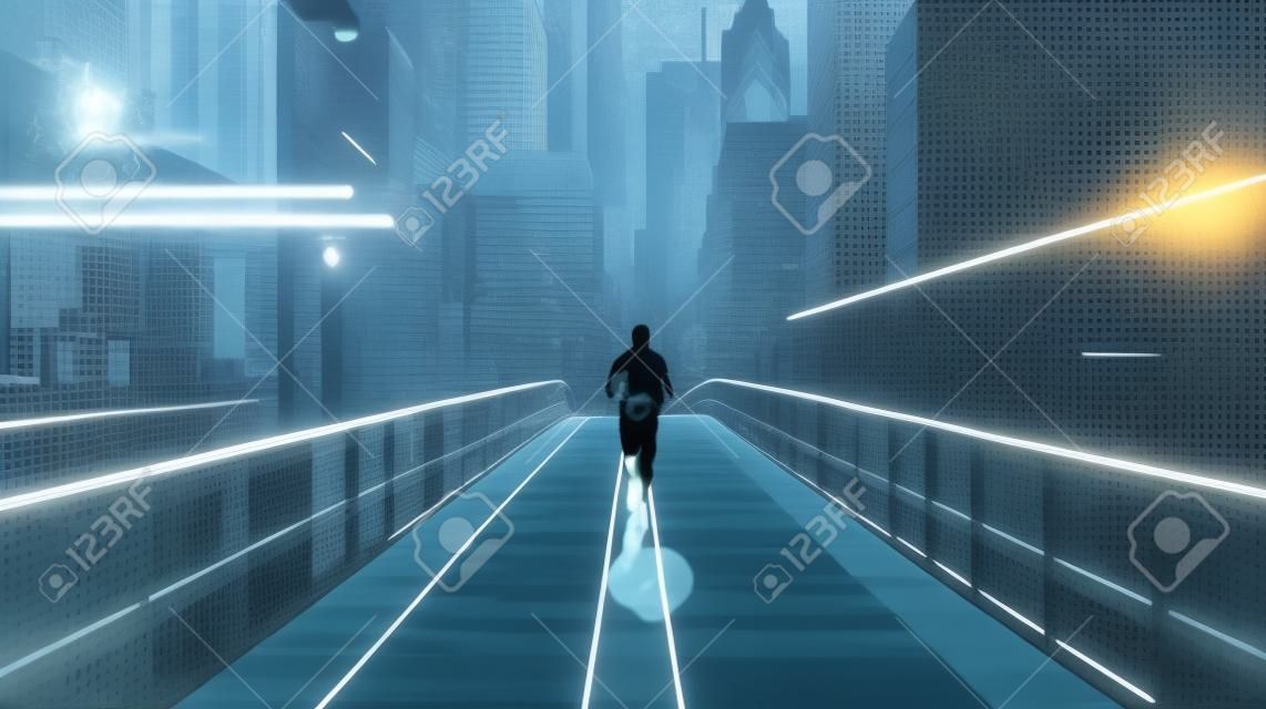 Uma pessoa corre por uma paisagem urbana evitando pessoas e obstáculos em seu caminho criados com IA generativa