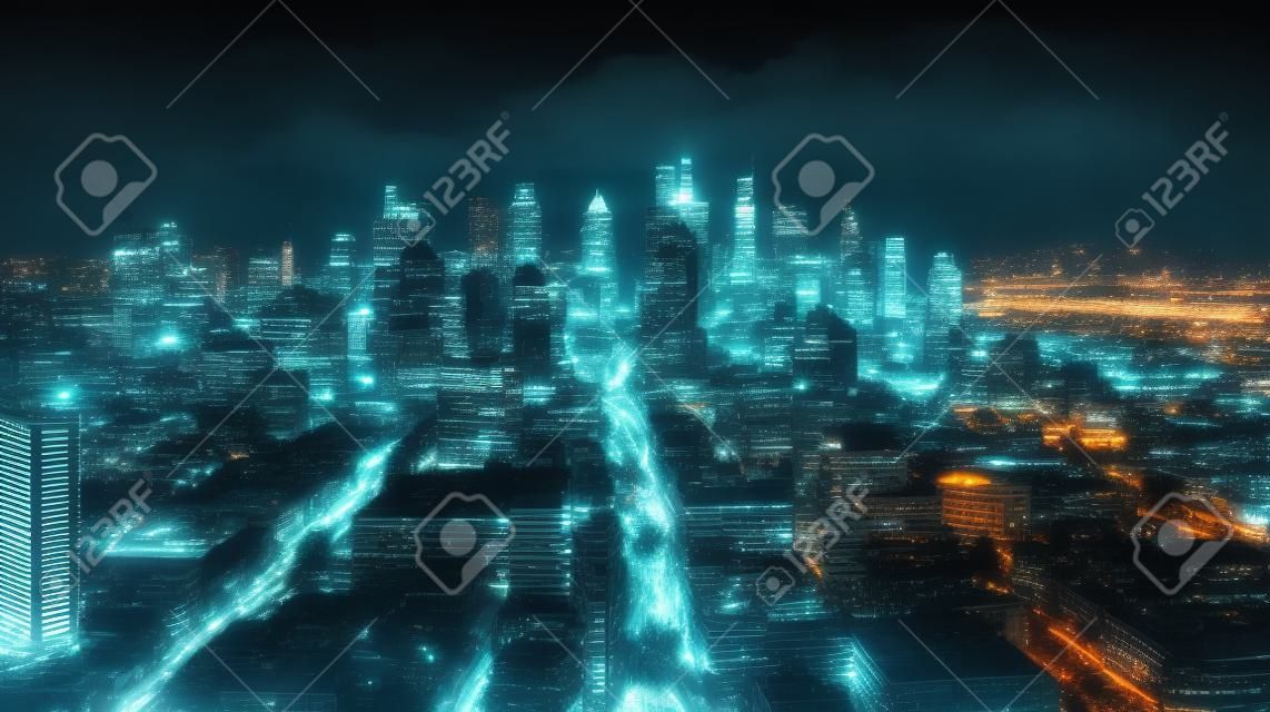 Een foto van de skyline van een stad 's nachts met de felle lichten die een prachtig stadsbeeld creëren, gemaakt met generatieve AI