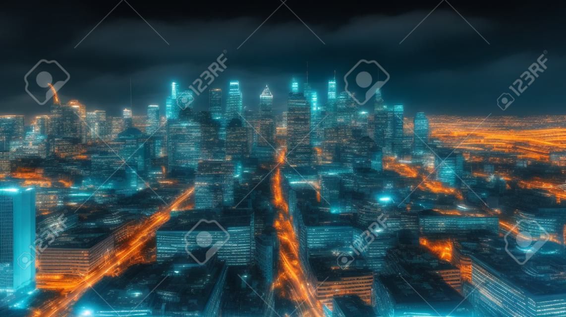 Een foto van de skyline van een stad 's nachts met de felle lichten die een prachtig stadsbeeld creëren, gemaakt met generatieve AI