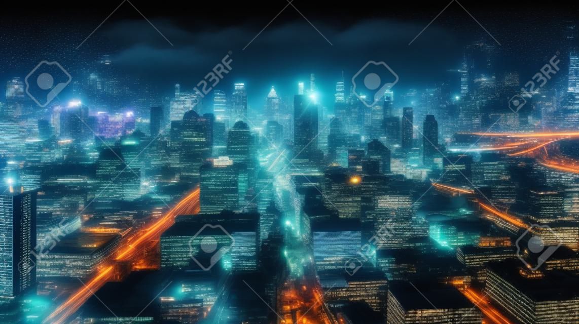 A photo of a city skyline at night with the bright lights creating a stunning cityscape created with Generative AI