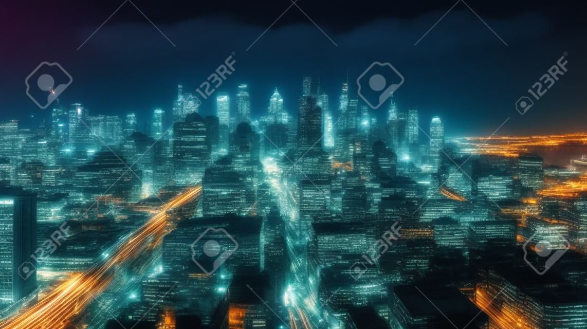 Una foto del horizonte de una ciudad por la noche con las luces brillantes que crean un impresionante paisaje urbano creado con ai generativo