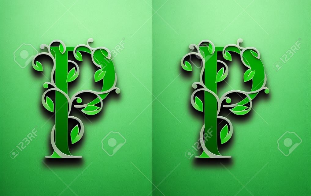 Elegant P Letter Icon with luxury green leaf logo design. Nature P Icon.