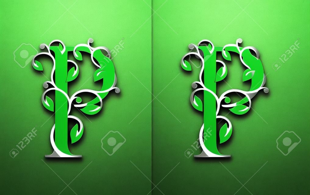 Elegant P Letter Icon with luxury green leaf logo design. Nature P Icon.