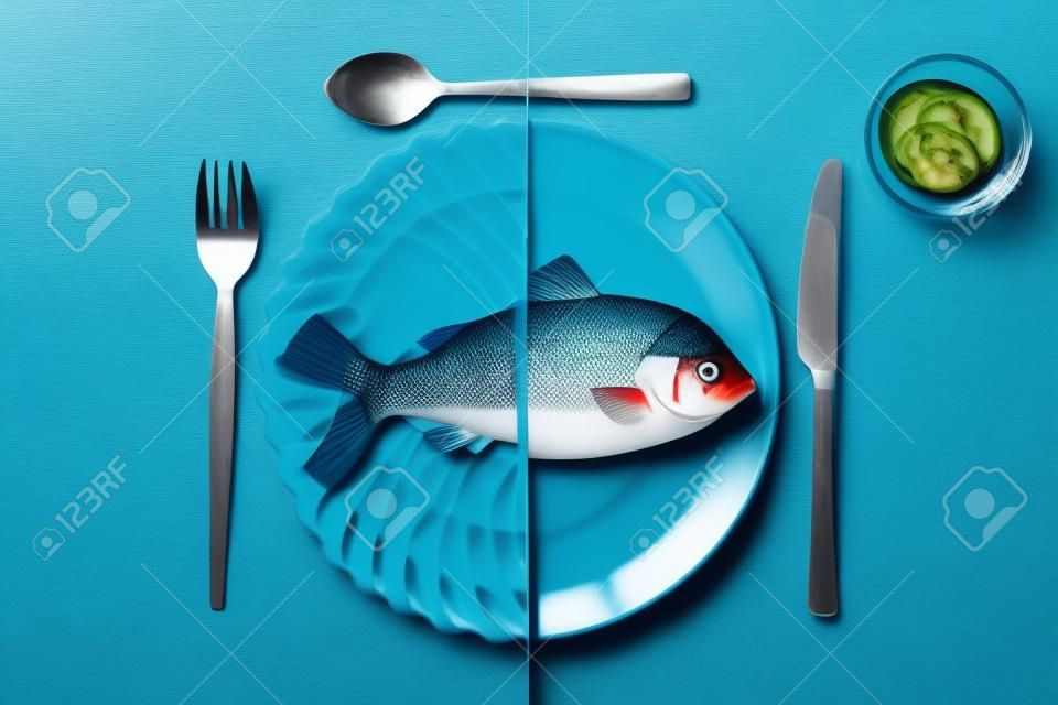 Plastic fish in the sea is going over in real fish on the plate