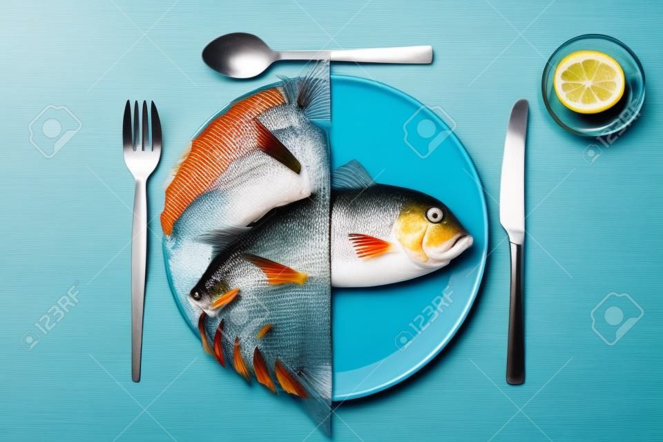 Plastikfisch im Meer geht in echten Fisch auf dem Teller über