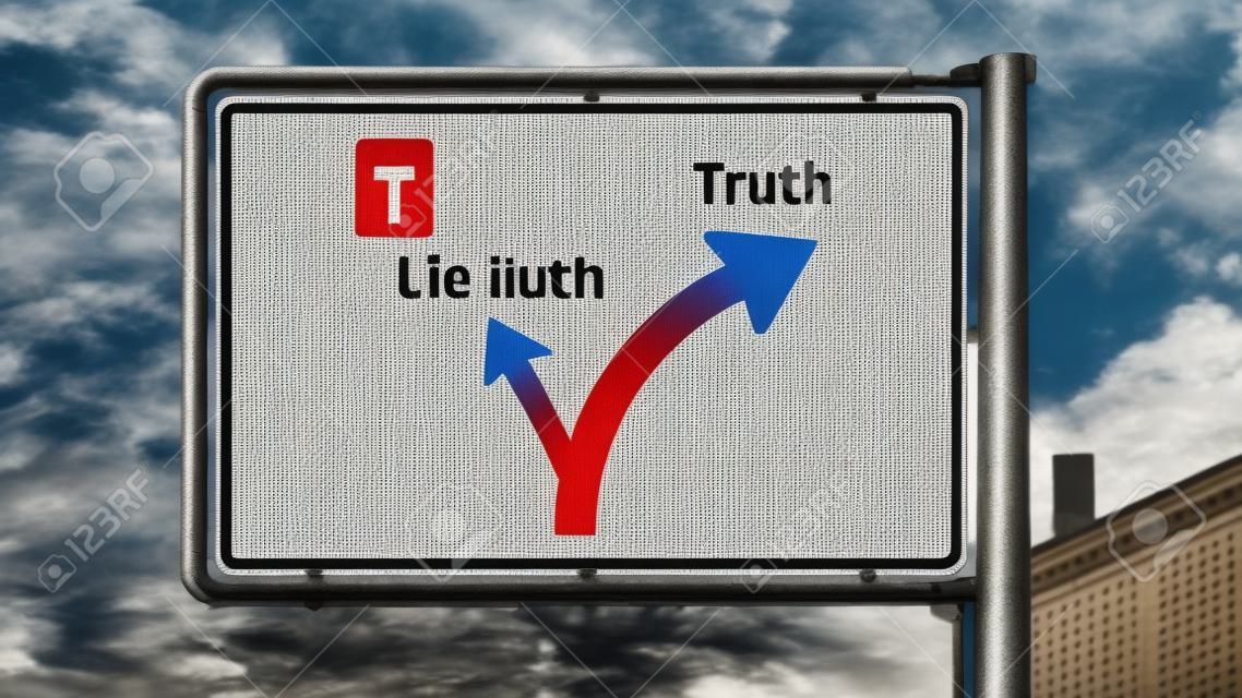 Znak drogowy wskazujący drogę do prawdy kontra kłamstwo