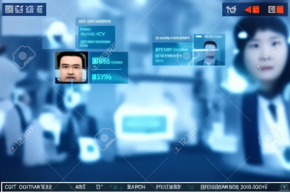 Simulation eines Bildschirms von CCTV-Kameras mit Gesichtserkennung