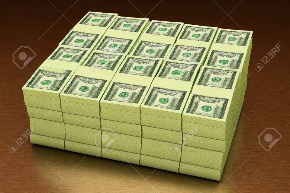 Stacks of one million US dollars in hundred dollar banknotes on green table.