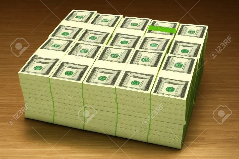 Stacks of one million US dollars in hundred dollar banknotes on green table.