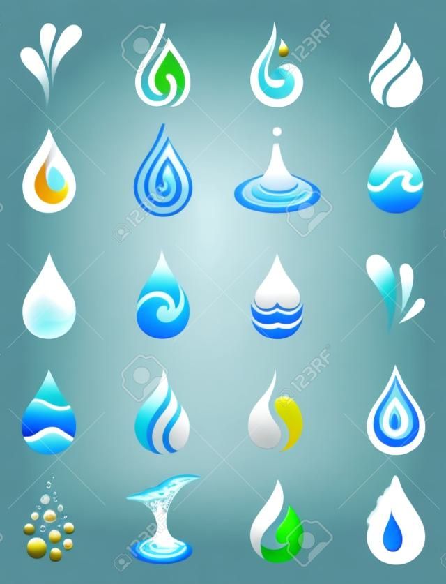 Vettore delle icone dell'acqua. Forma a goccia e splash.