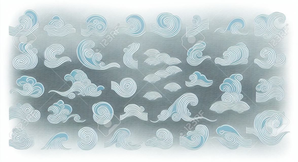 Set of oriental wave illustration. Japan wave. Linear style. Vector.