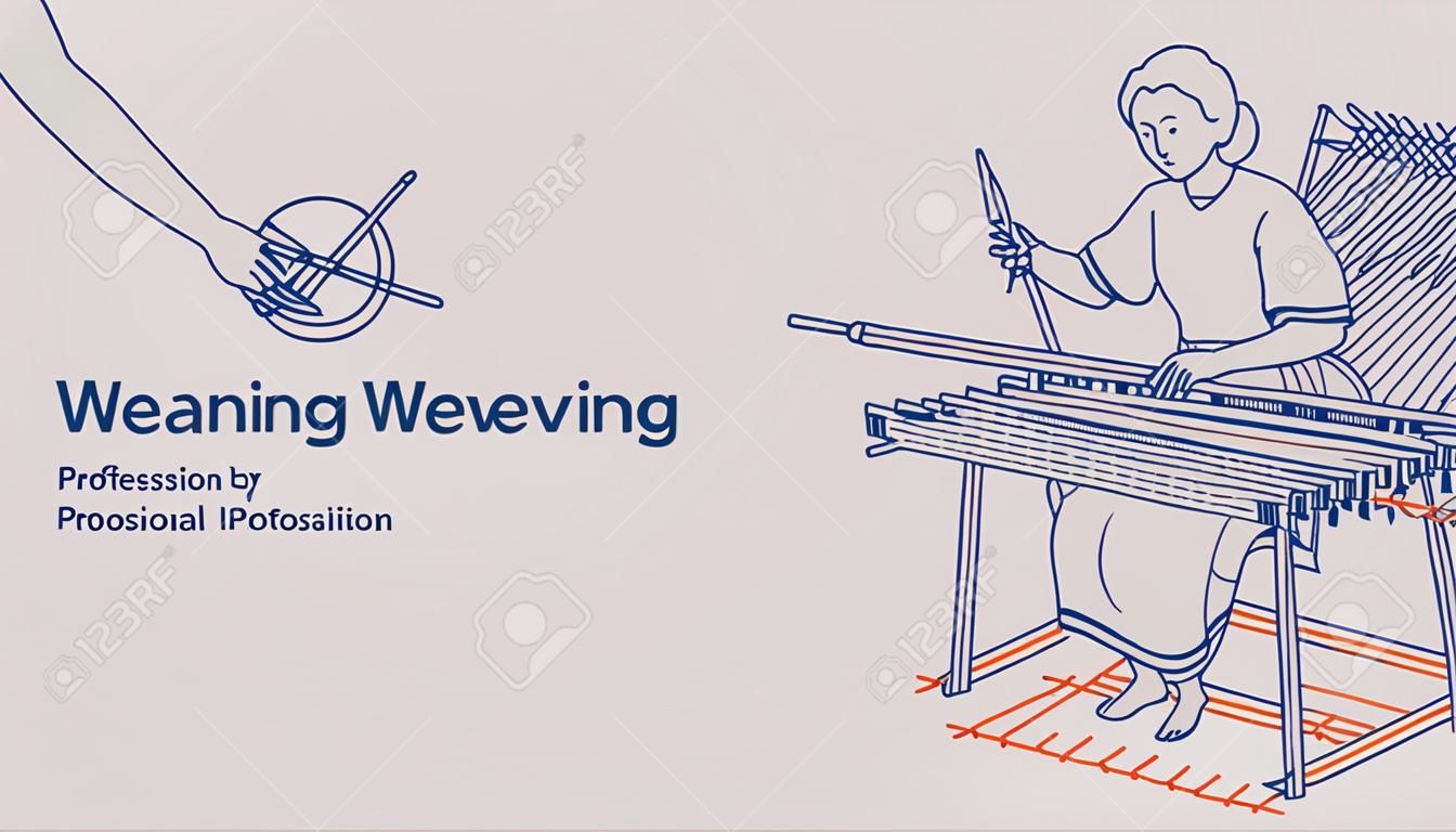Woman working on weaving hand woven illustration. Line art vector.