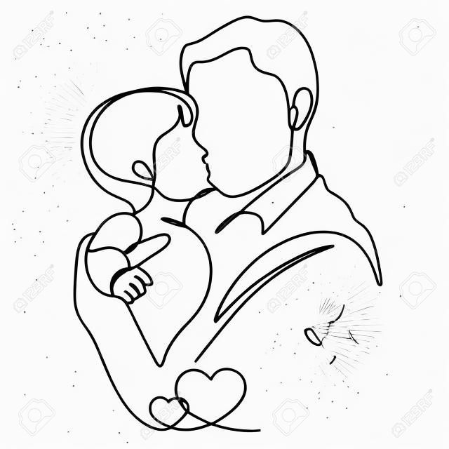 축하를 위한 해피 아버지의 날 연속 라인 아트 삽화. 그의 아이 키스를 들고 아버지입니다. 한 선 그리기 및 컨투어 스타일.