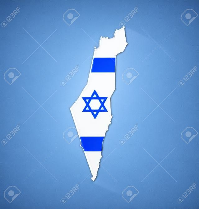 Israel map with Israeli flag inside of shape with long shadow effect on white background