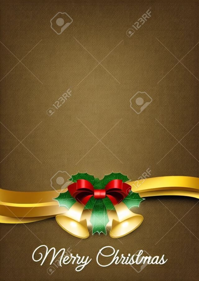 Plantilla de documento de feliz Navidad con decoraciones tradicionales de campanas, acebo y cinta