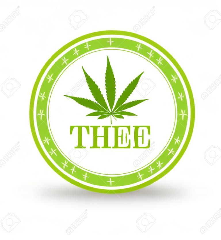 Marihuana hennep (Cannabis sativa of Cannabis indica) blad pictogram of badge met titel THC GRATIS op witte achtergrond