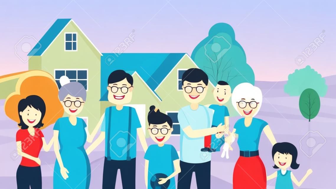 Cartoon grandparents standing outdoors hugging and smiling with grown up teenager children vector illustration. Happiness of parenting concept. Outskirt landscape