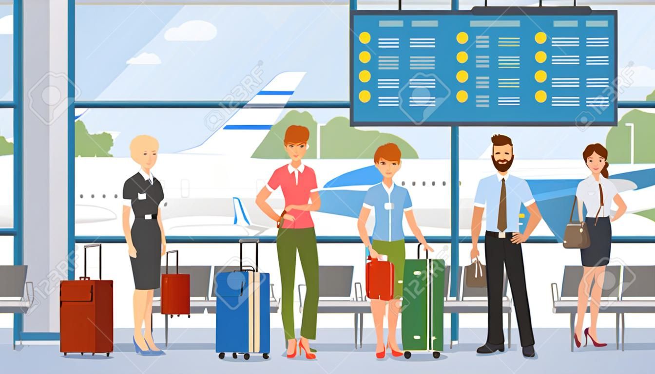 Passengers in airport terminal illustration. Cartoon characters with luggage waiting in queue at departure lounge flat vector drawing. International airlines transportation, abroad traveling
