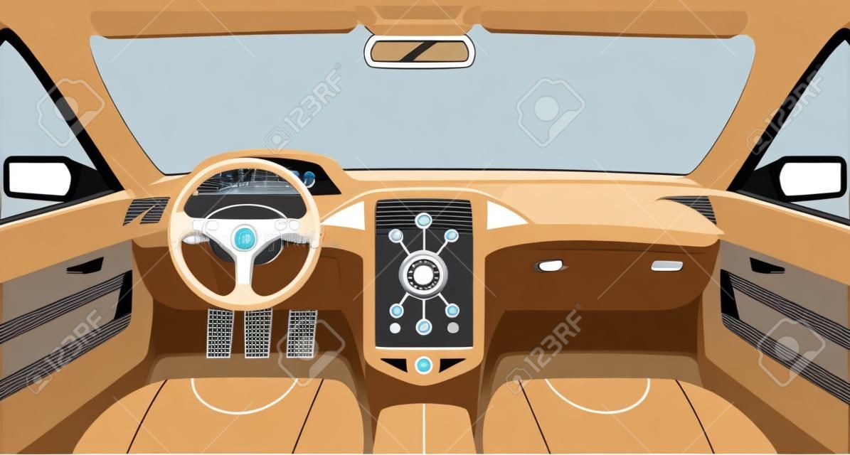車のインテリアベクトル漫画の概要図。自動車のインテリア、車のコンセプトの内側のデザイン。