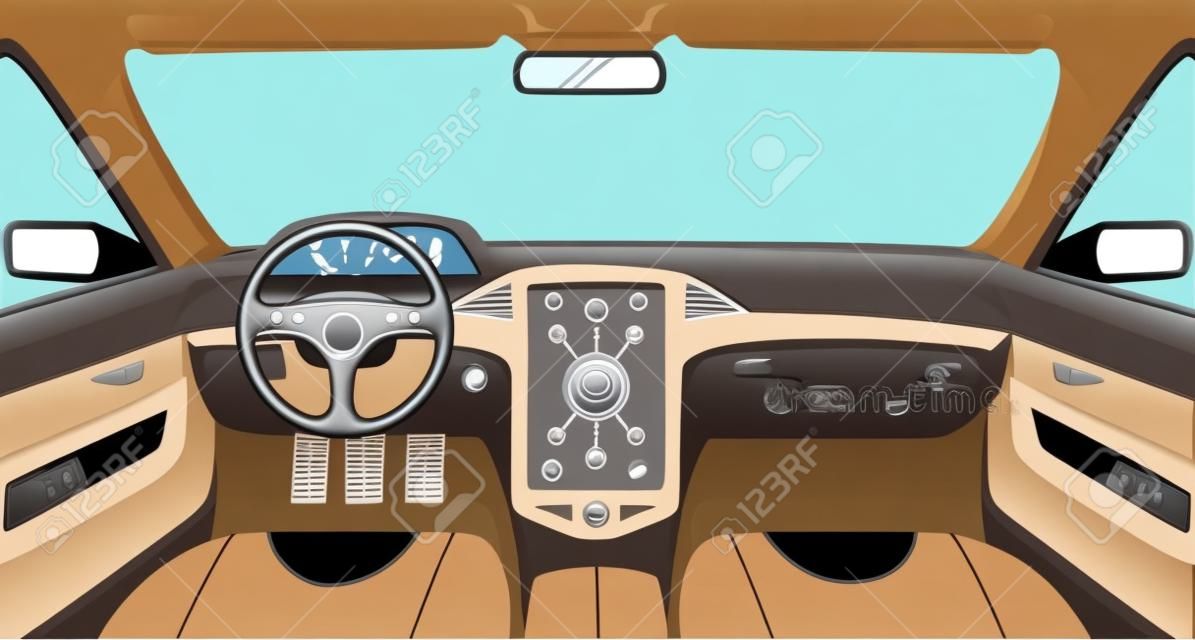 Auto interieur vector cartoon schets illustratie. Interieur van de auto, ontwerp in de auto concept.