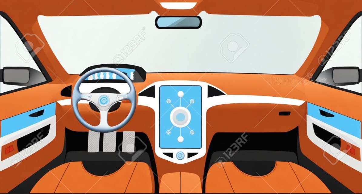 Car interior vector cartoon outline illustration. Interior of the automobile, design inside the car concept.