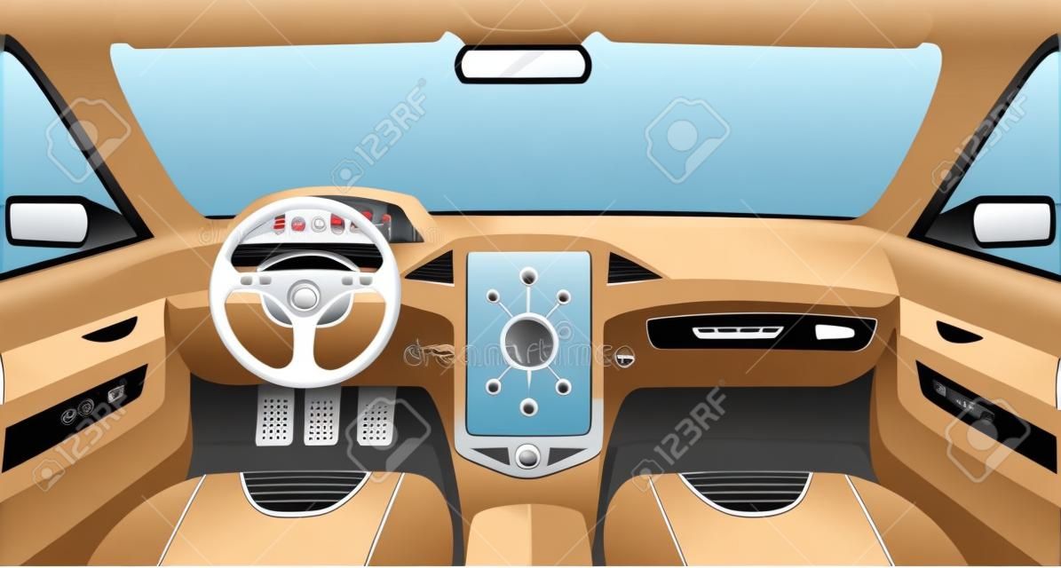 Car interior vector cartoon outline illustration. Interior of the automobile, design inside the car concept.