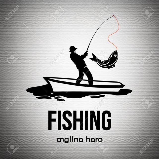 Fishing logotype template isolated on white background. Male silhouette catching fish with fishing rod.