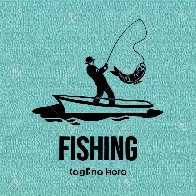 Fishing logotype template isolated on white background. Male silhouette catching fish with fishing rod.
