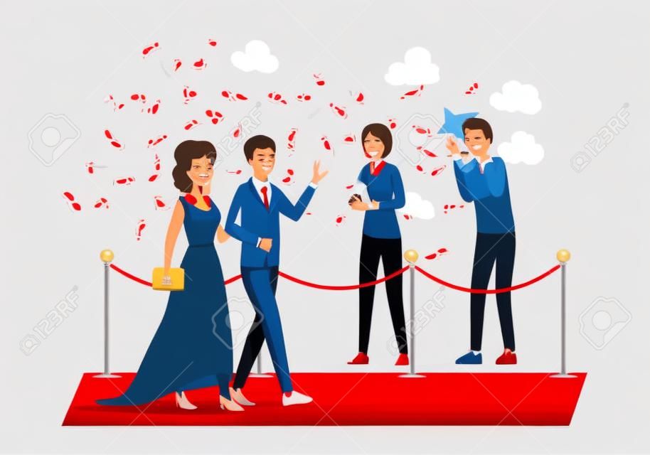 Happy smiling celebrities couple walking on red carpet and waving hands vector flat illustration.
