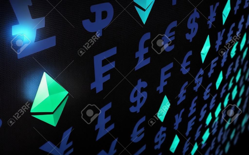 Ethereum classic and currency on a dark background. Digital crypto currency symbol. Business concept. Market Display. 3D illustration