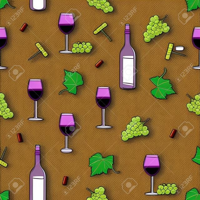 Seamless vector pattern with freehand drawings of wine glasses, grapes, bottle, corkscrew, cork, and vine leaf with tendril, light yellow on purple background